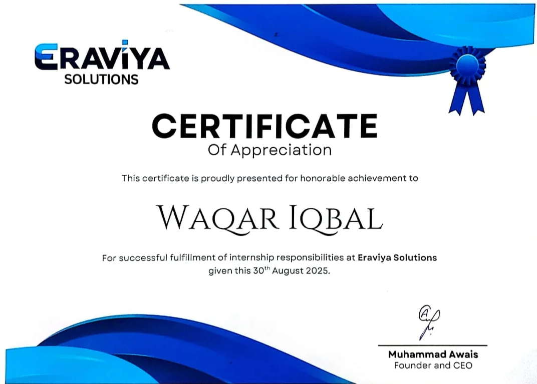 Eraviya Solutions certificate of appreciation for Waqar Iqbal
