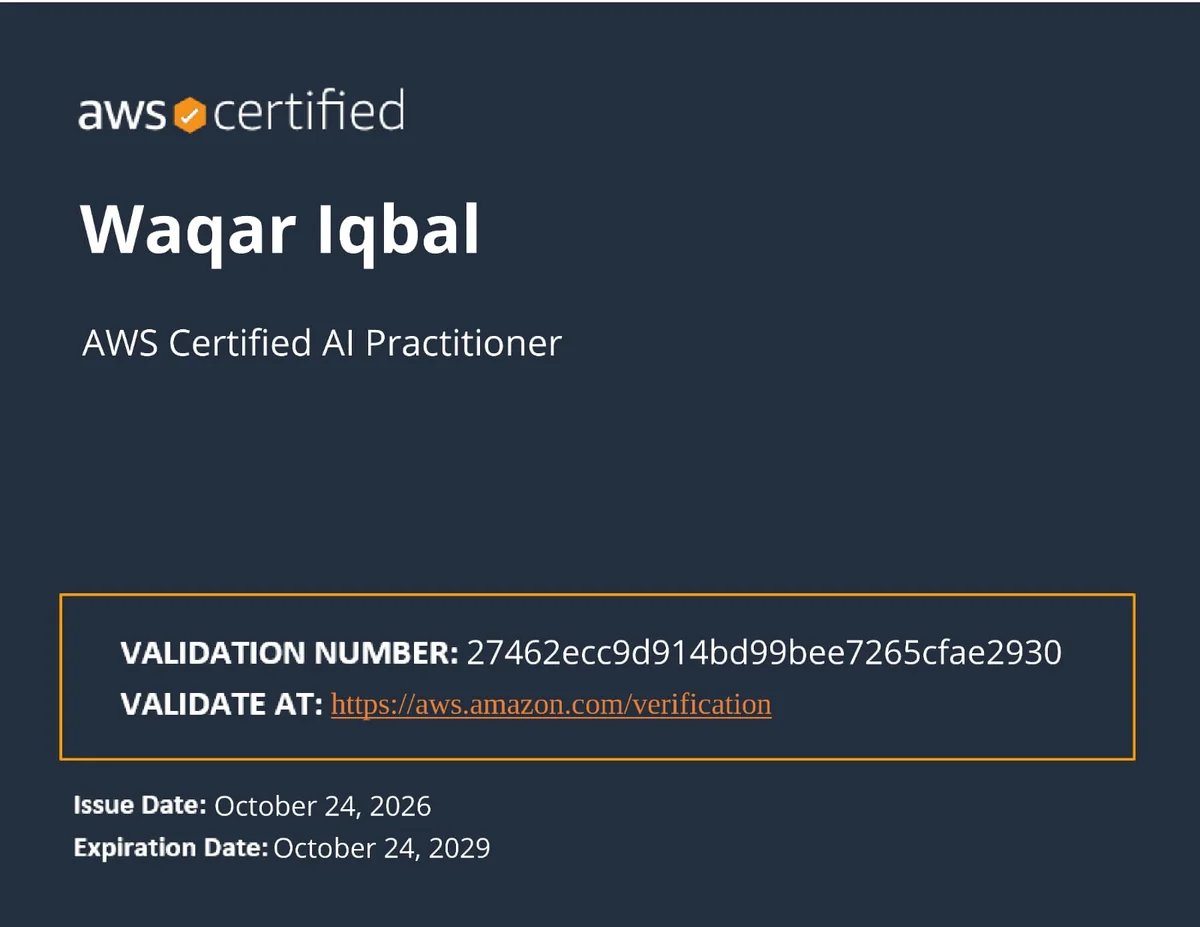 AWS Certified AI Practitioner certificate for Waqar Iqbal